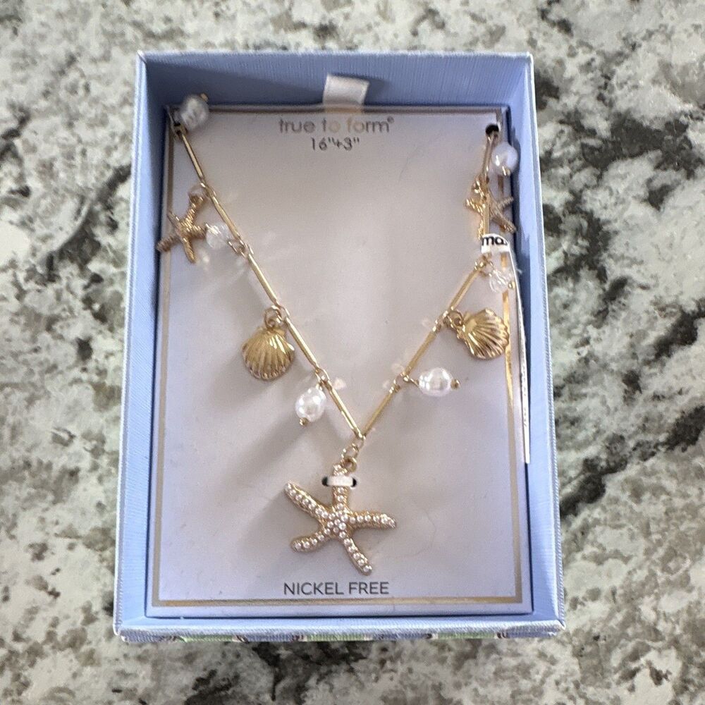 True to Form Nickel-Free Gold Tone Starfish Charm Faux Pearl Necklace 16+3"